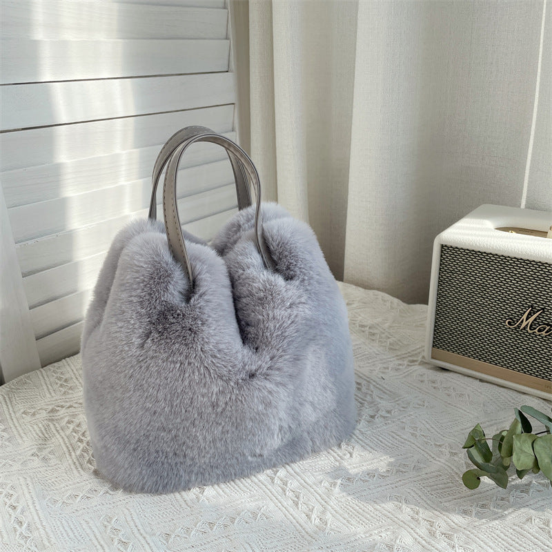 Plush Faux Rabbit Fur Bucket Bag