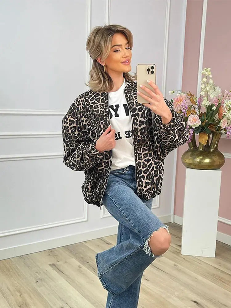 Retro Leopard Print Zipper Jacket