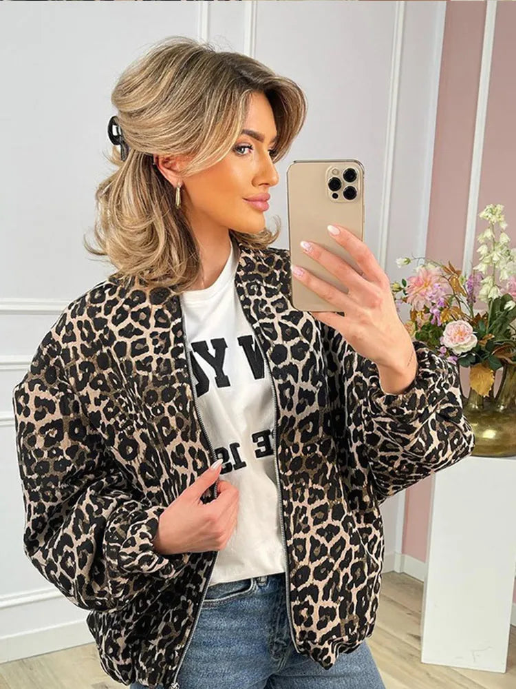 Retro Leopard Print Zipper Jacket