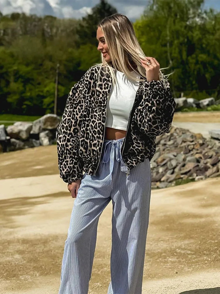 Retro Leopard Print Zipper Jacket