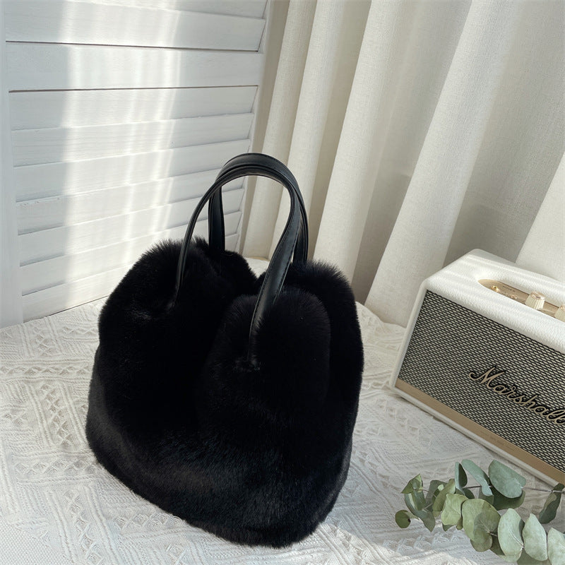 Plush Faux Rabbit Fur Bucket Bag