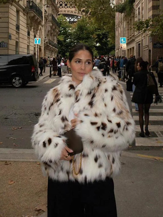 Elegant Printed Fluffy Faux Fur Coat