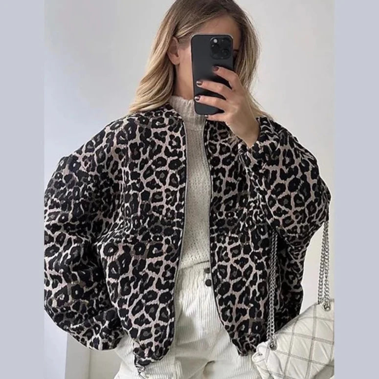 Retro Leopard Print Zipper Jacket