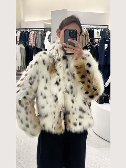 Elegant Printed Fluffy Faux Fur Coat