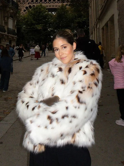 Elegant Printed Fluffy Faux Fur Coat