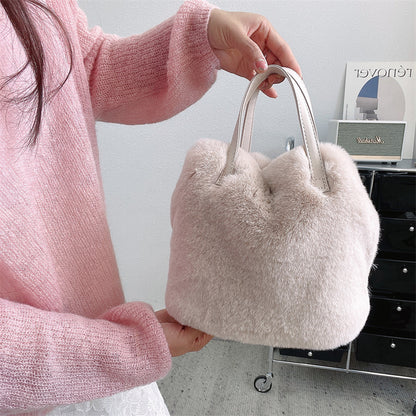 Plush Faux Rabbit Fur Bucket Bag