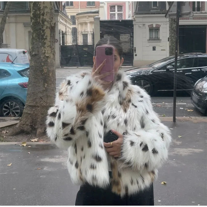 Elegant Printed Fluffy Faux Fur Coat