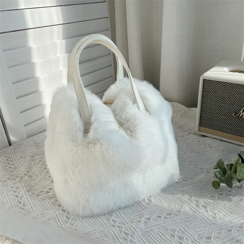 Plush Faux Rabbit Fur Bucket Bag