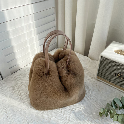 Plush Faux Rabbit Fur Bucket Bag