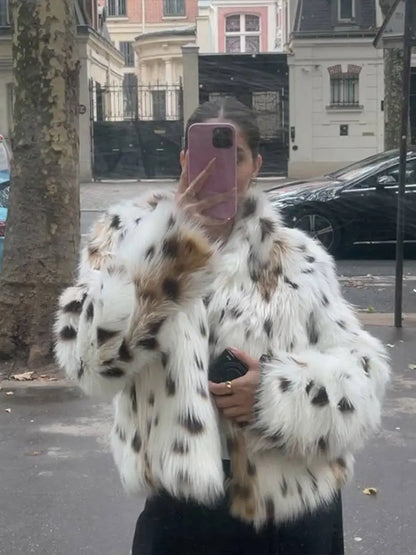 Elegant Printed Fluffy Faux Fur Coat