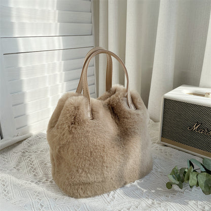 Plush Faux Rabbit Fur Bucket Bag