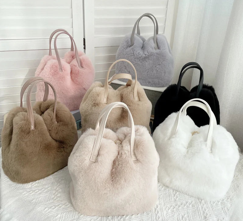 Plush Faux Rabbit Fur Bucket Bag